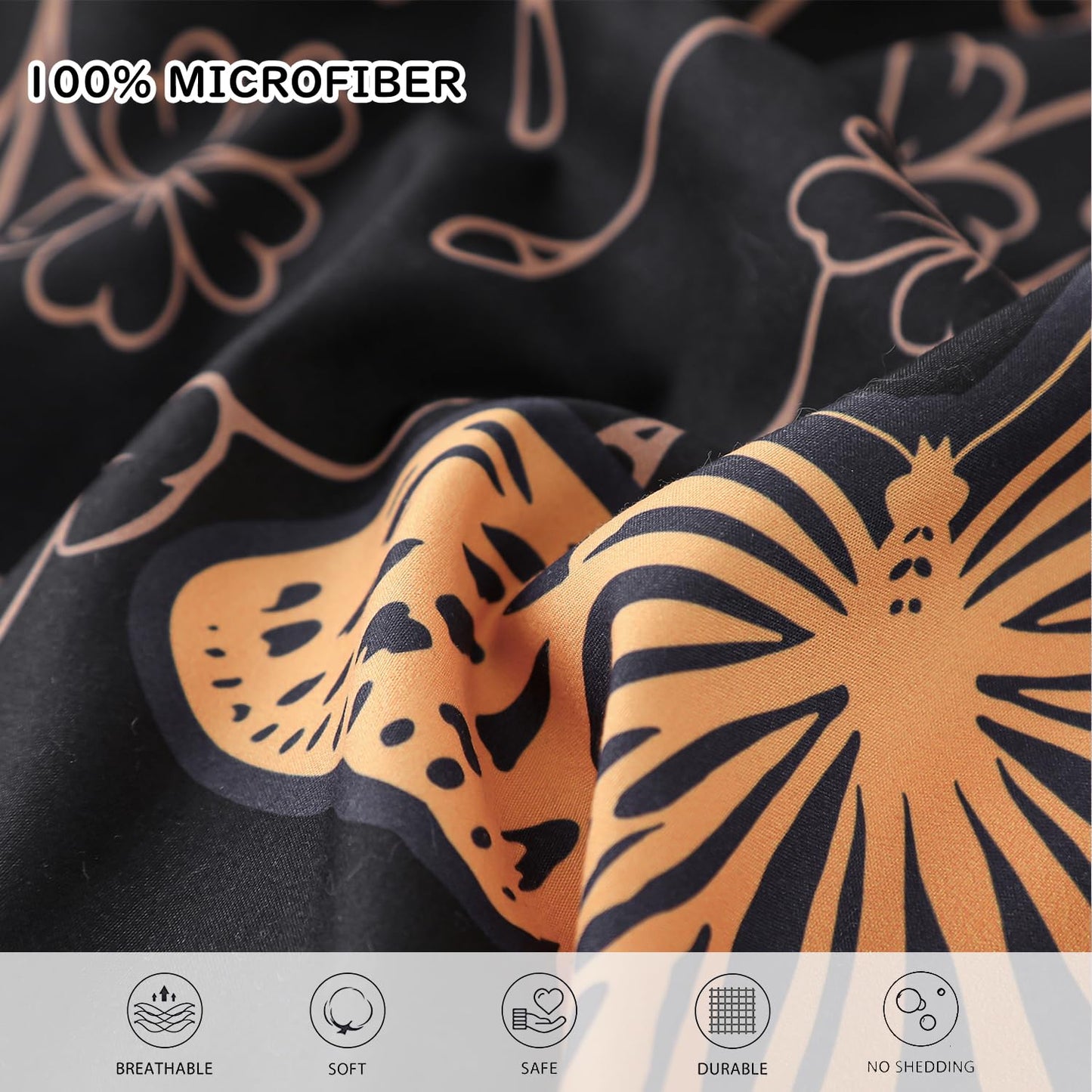 Yogeneg 7 Piece Bed in a Bag Queen Size Comforter Set Black Bedding Set,Gold Butterfly Leaves Printed on Black Reversible Design,Soft Microfiber Comforter with Sheet Set,All Season(Butterfly,Queen)