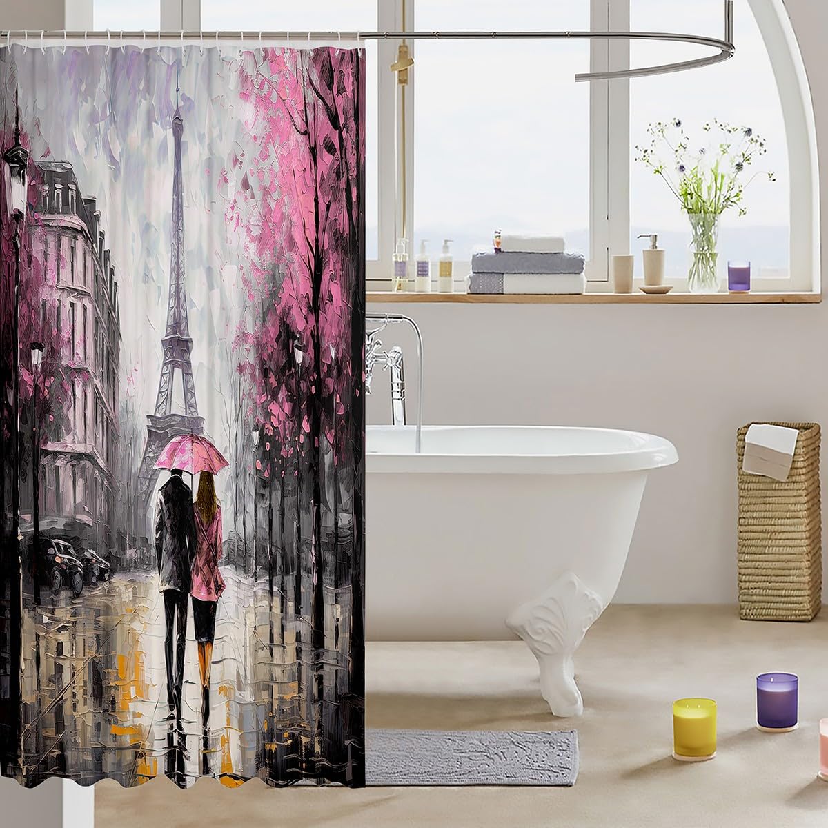 jejeloiu Pink Eiffel Tower Shower Curtain 72"x78" Couple Valentine's Day Bathroom Shower Curtain Set for Girls Women Lover Romantic Paris Bath Curtain France Trip Bathroom Accessories