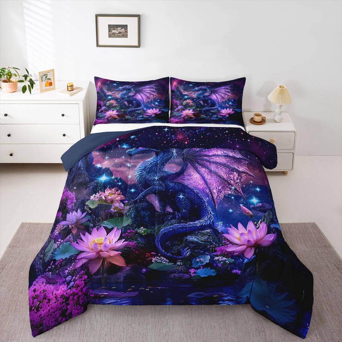 Feelyou Dragon Comforter Set Twin Size Dragon Stuff Bedding Set for Kids Boys Girls Wild Life Duvet Quilt Magic Wildlife Bedroom Decor Dull Purple Microfiber 2 Pcs with 1 Pillow Cases