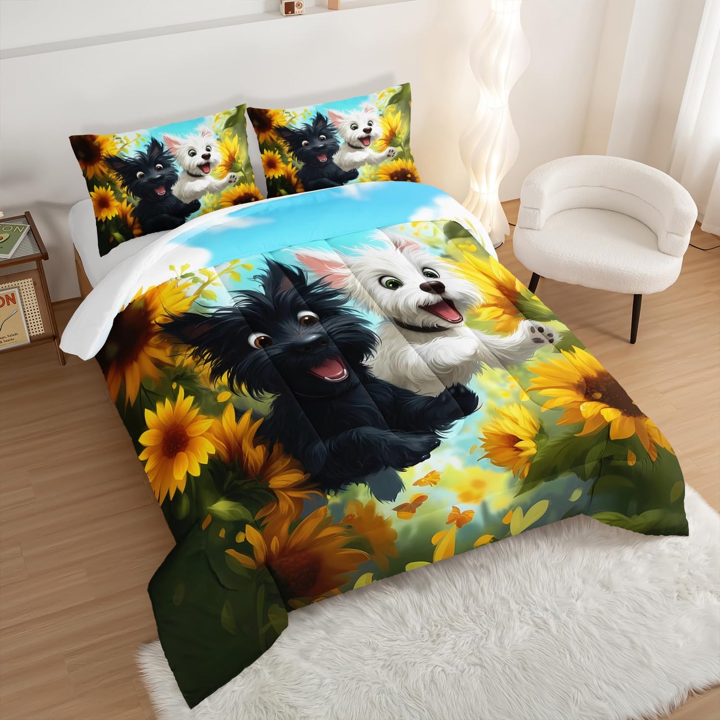 UEVBF White and Black Dog Comforter Set for Kids Room Decor,Cute Dog Sunflower Flower Bedding Queen Size Bed Sets,Kawaii Cartoon Pet Animals Comforter Set with 2 Pillowcases.