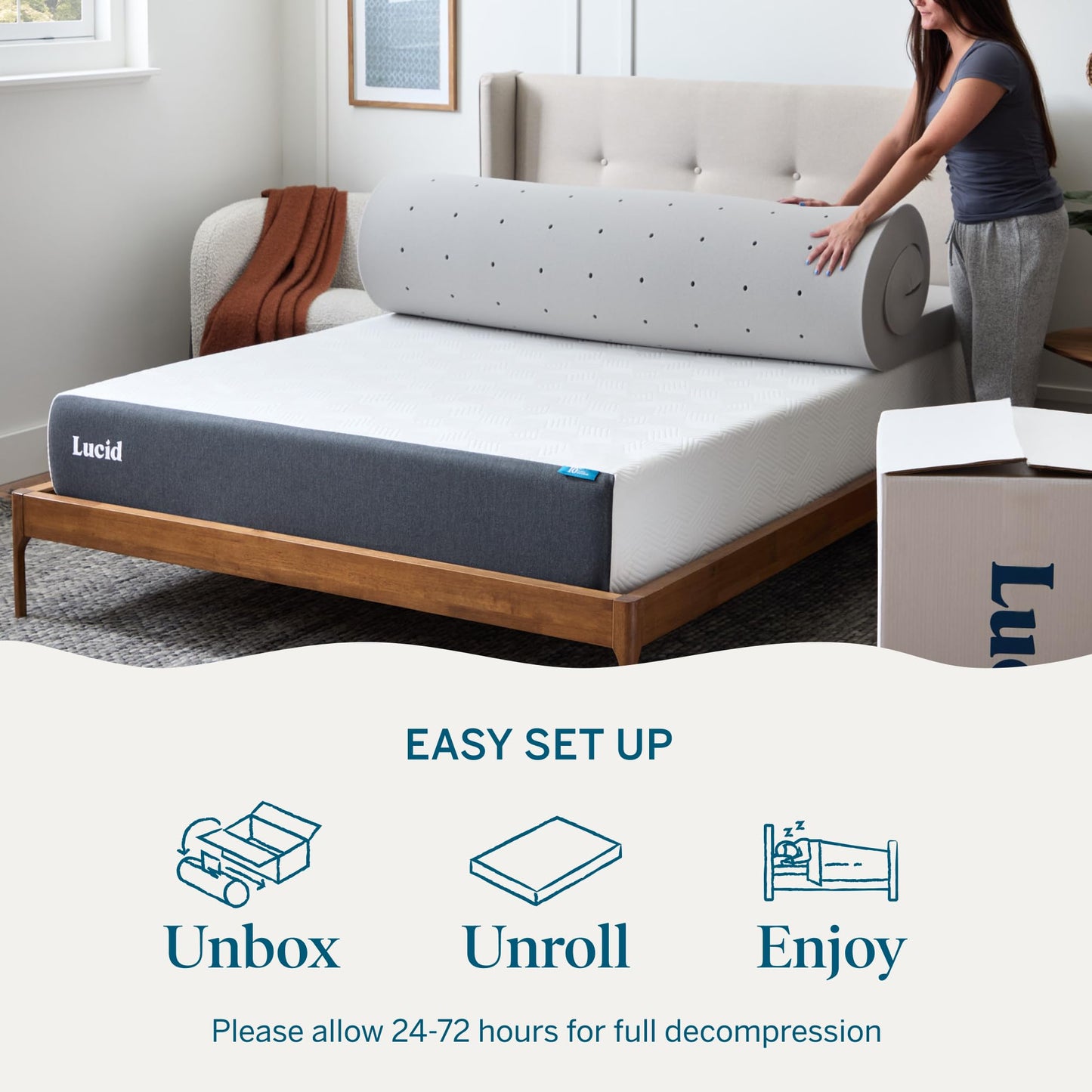 Lucid 3 Inch Bamboo Charcoal Infused Memory Foam Mattress Topper - Twin XL Size – Moisture and Odor Control - Ventilated - Deep Plush Feel, Pressure-Relief Bed Topper – CertiPur Certified