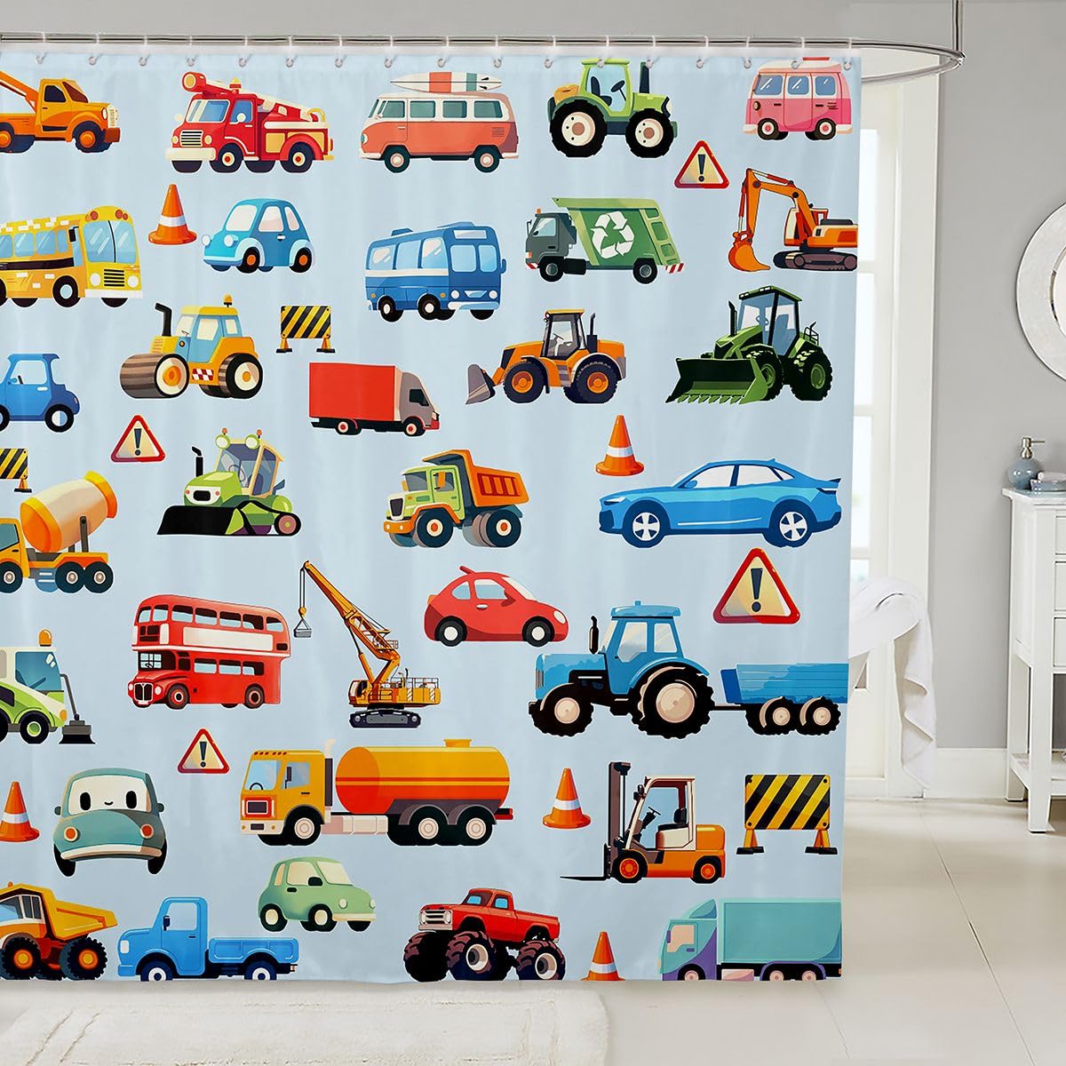 Cartoon Car Bathroom Waterproof Accessories with 12 Hooks Teens Cartoon Transportation Car Decor Fabric Shower Curtains for Kids Boys Girls Truck Bus Taxi Shower Curtain Vehicles Blue,72x72 Inches