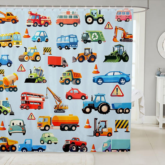 Cartoon Car Bathroom Waterproof Accessories with 12 Hooks Teens Cartoon Transportation Car Decor Fabric Shower Curtains for Kids Boys Girls Truck Bus Taxi Shower Curtain Vehicles Blue,72x72 Inches