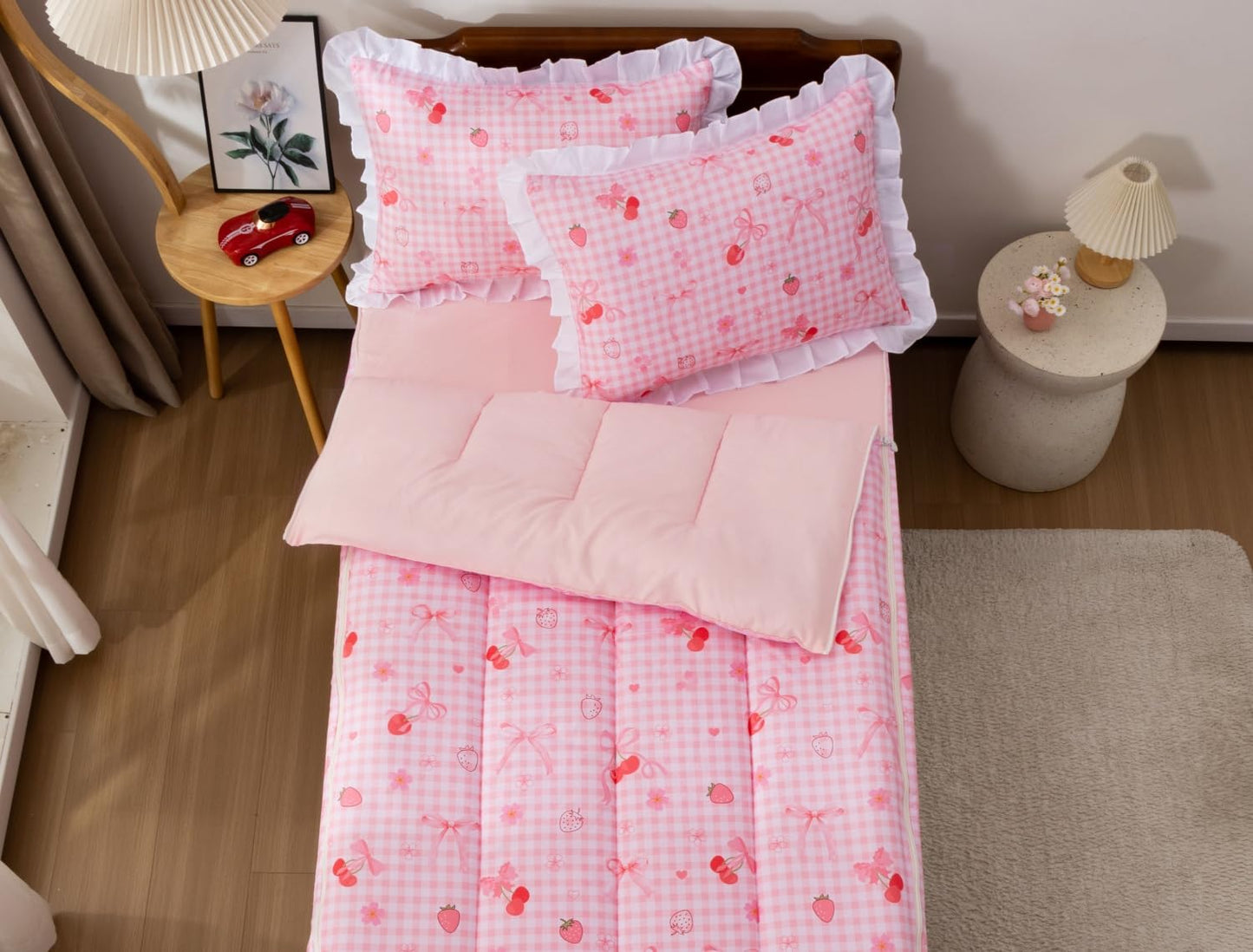 Meeting Story 3pcs Plaid Checkered Kids Comforter Sets Zipper Bedding Set for Girls,Twin Cherry Kid Bedding Set Strawberry Comforter Bedding for Kid, Bed in a Bag（DarkPink,Twin）