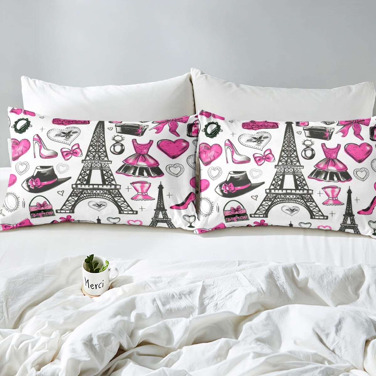 Fashion Women Clothing Fitted Sheet Full for Boys Kids Teens Bedroom,Romantic Eiffel Tower Bedding Set(No Top Sheet),Pink Hat Bag Bed Sheet,Makeup Theme Bed Cover,2 Pillowcases