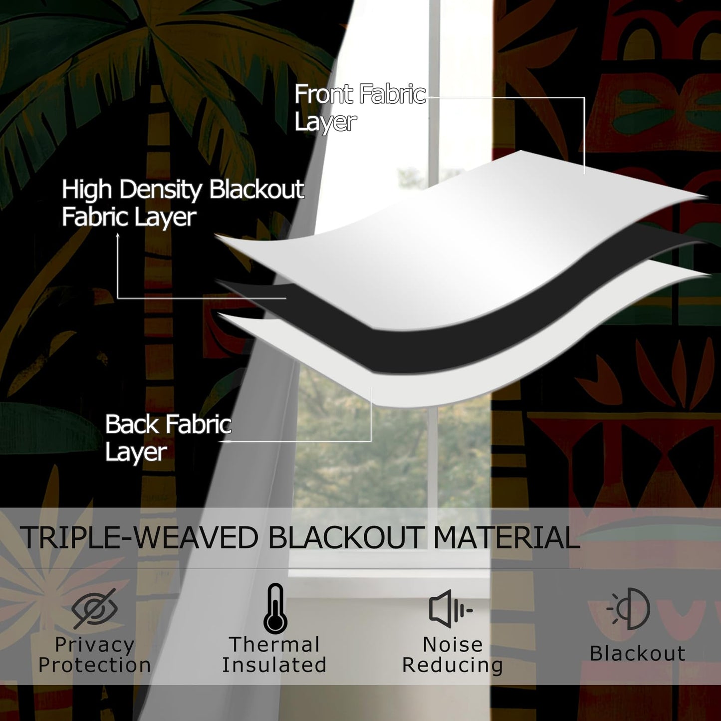 Solvivae Tropical Blackout Curtains for Bedroom Living Room, Palm Tree Tiki Mask Hawaiian Patterned Window Treatments, Room Darkening Thermal Insulated Grommet Drapes, 54 Inch Curtains 2 Panel Set