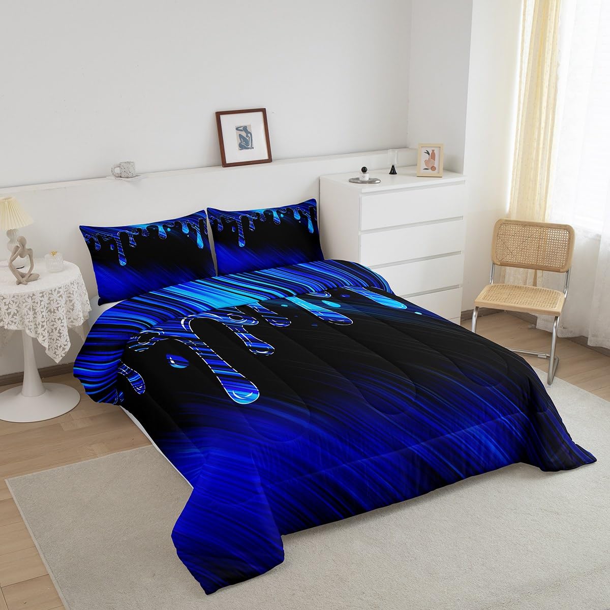 Feelyou Abstract Bedding Set Kids Ombre Blue Black Reversible Comforter Set Modern Art Comforter for Women Men Room Decor Drop-Shaped Duvet Set Full Size with 2 Pillow Case