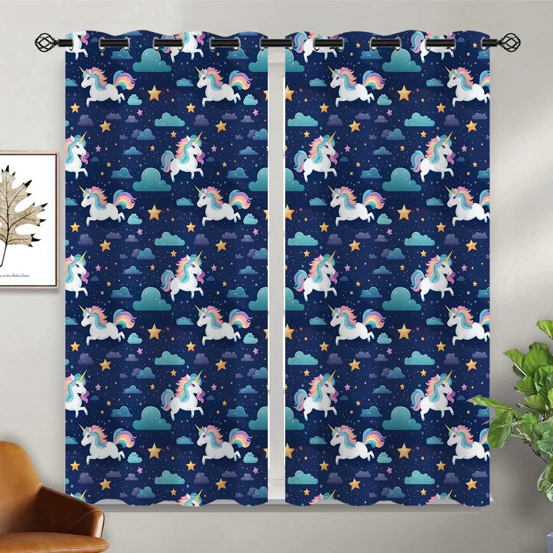 Cute Unicorn Blackout Curtains for Girls Boys Kids Home Decor, Fantasy Cartoon Unicorn Stars Clouds Grommet Thermal Insulated Drapes Darkening Window Curtain for Bedroom Living Room, 42 x 45 Inch