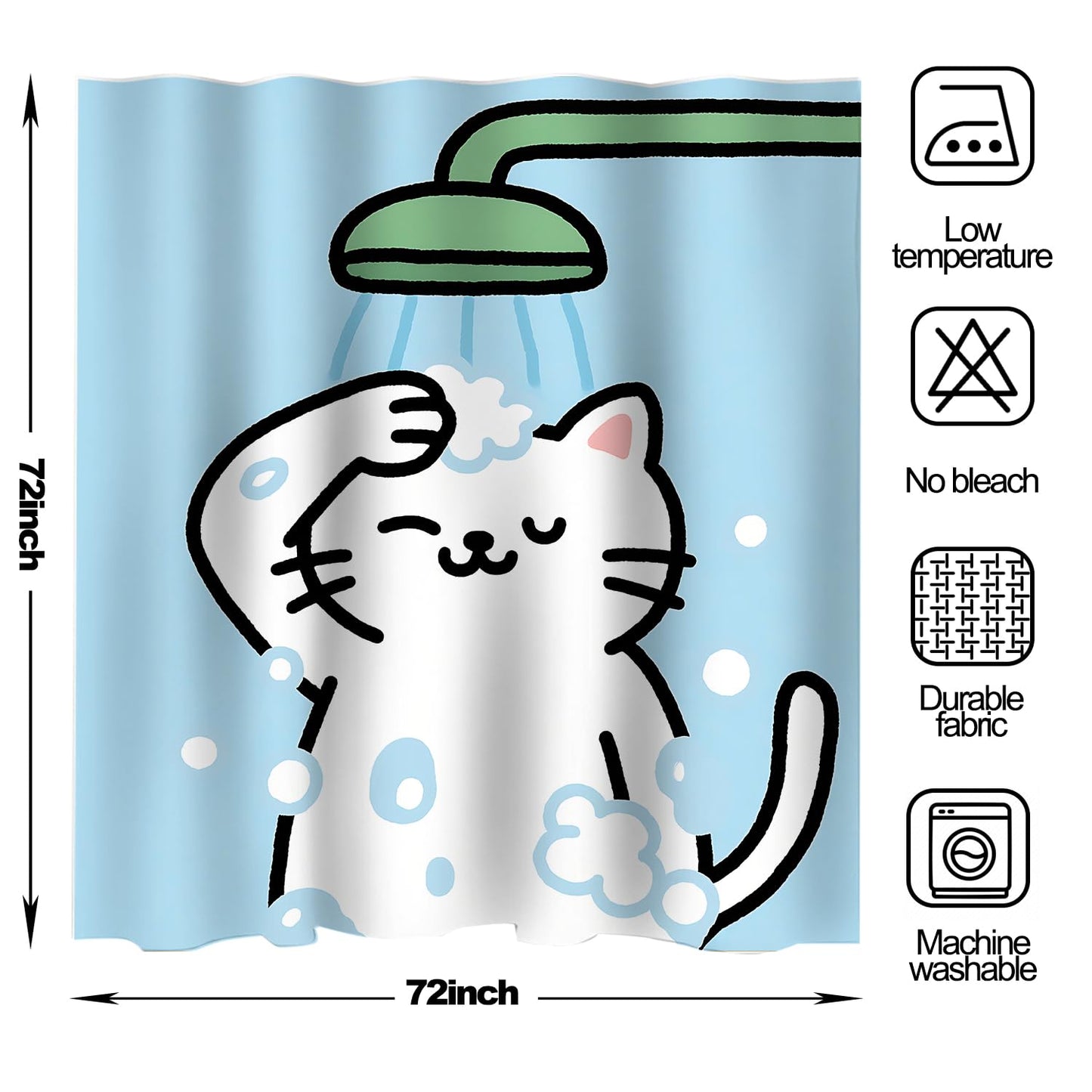 THISFIND Cute Cat Bath Time Shower Curtain- Cute Cartoon Kitten Showering with Bubbles, Waterproof Bathroom Decor Set with Hooks 72x72 Inches