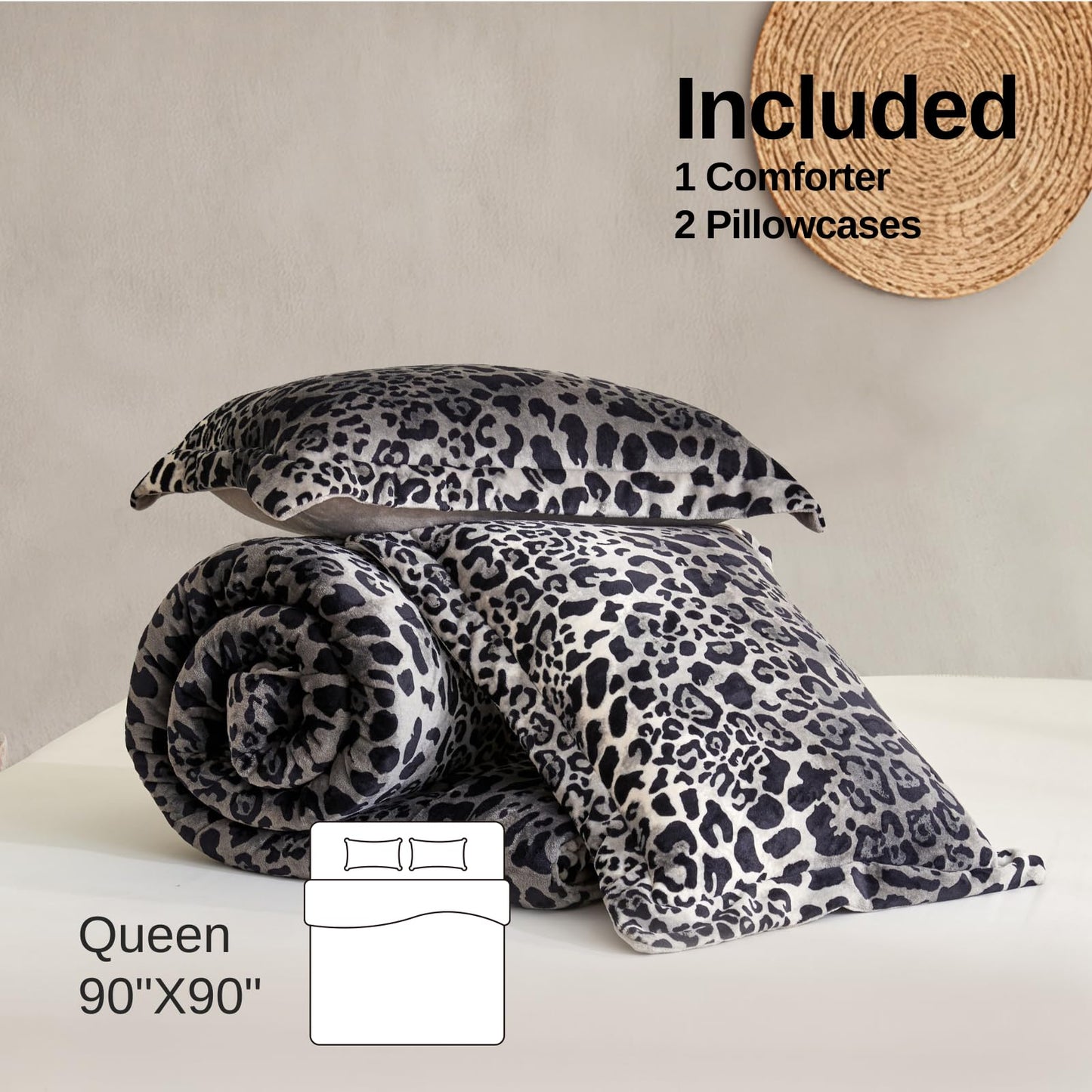 Petrichor Leopard Velvet Flannel Queen Comforter Set-Cheetah Print Western Blanket,Luxury Fuzzy Heavy Bedding Set, 3 Pieces Plush Winter Bed Set with Comforter (90"x90") & 2 Pillow Shams (20"x26")