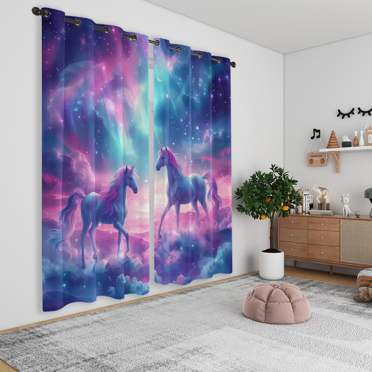 Fantasy Unicorn Blackout Curtains for Girls Boys Kids Teens Home Decor, Cute Starry Sky Stars Galaxy Grommet Thermal Insulated Drapes Darkening Window Curtain for Bedroom Living Room, 42 x 45 Inch