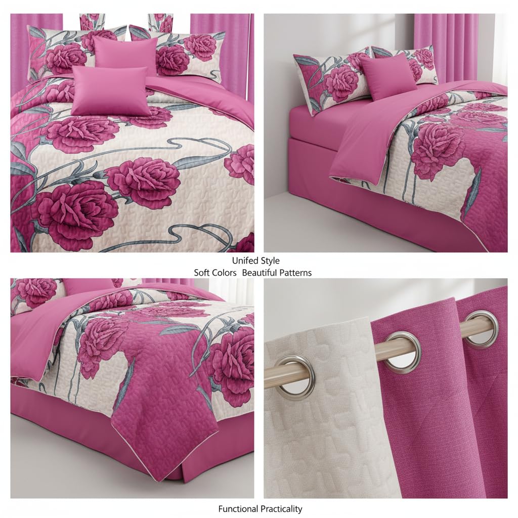 Elegant pink Rose Queen Light Comforter Set, Luxury 9-Piece Bed in a Bag Cal Queen Bedspread with Matching Curtains, Ultra Soft & Breathable Botanical Bedding, All-Season Decor for Master Suite