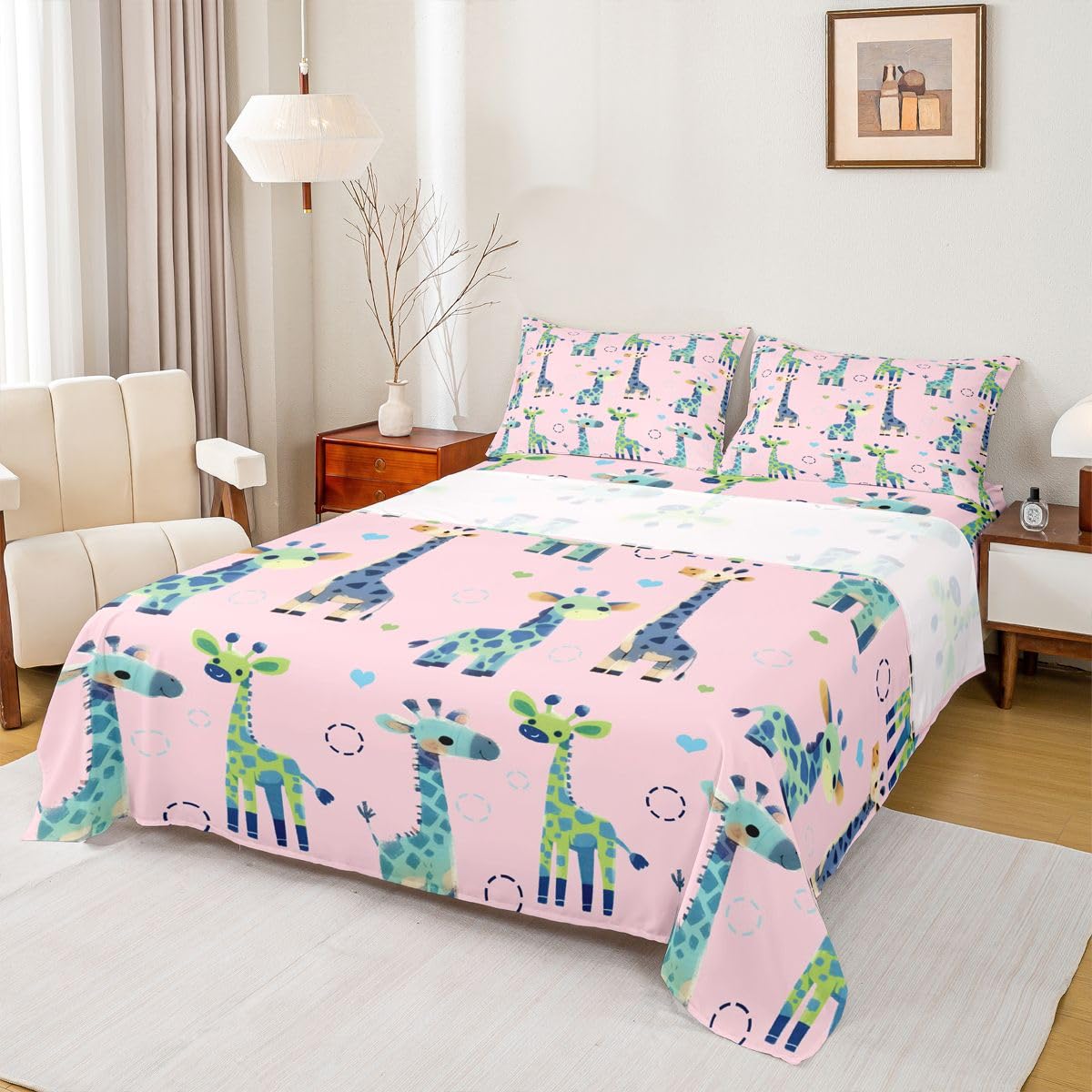Erosebridal Giraffe Bed Sheets Full Pink and Green Geometric Sheet Set for Kids Boys Girls Cartoon Kawaii Sheets Wild Animal Flat Fitted Sheet 3 Pcs