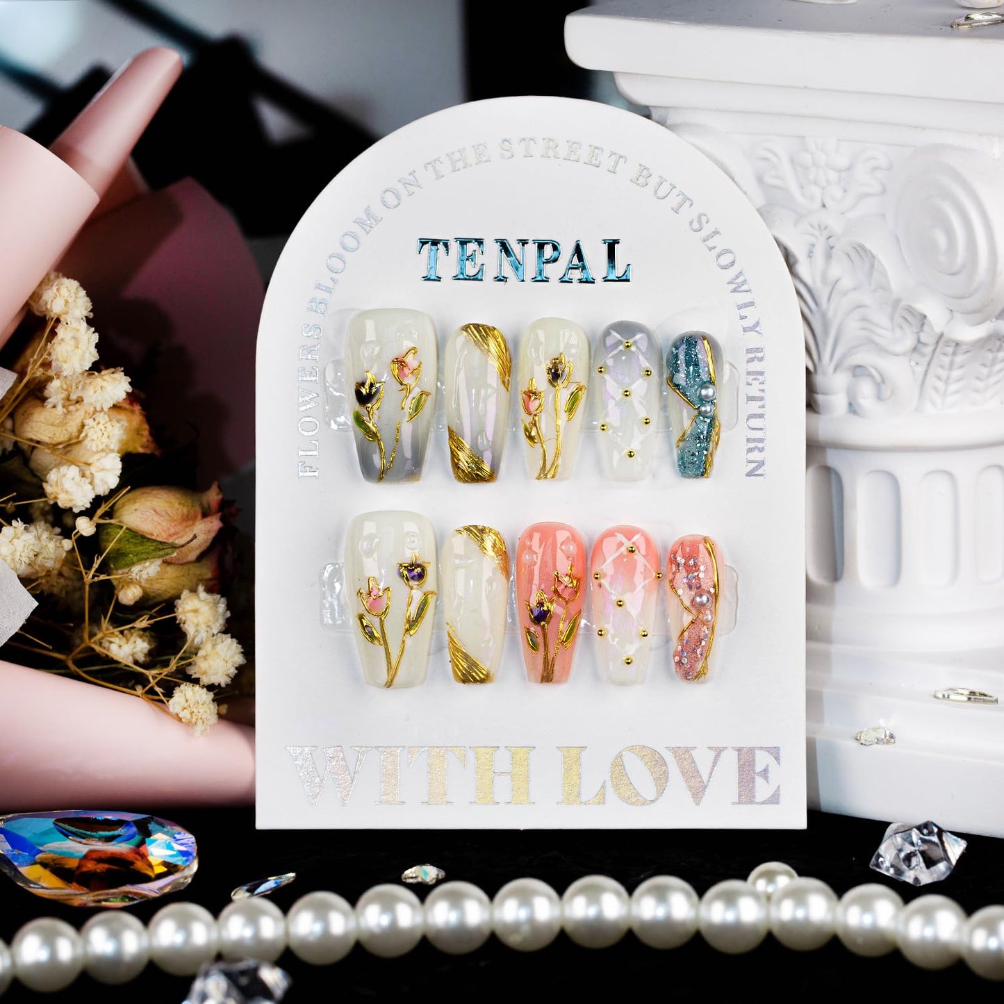 TENPAL 10Pcs Artisan Press on Nails with Kit,Hand-Painted Tulip Coffin 3D Champagne Gold & Heirloom Glitter Fake Nails,Acrylic Glossy Vintage Luxe Gel Effect for Women(XS)