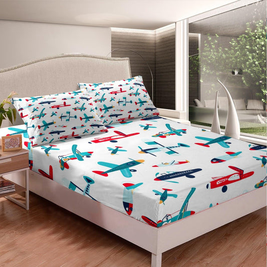 Airplane Cartoon Bedding Fitted Sheet Aircraft Flying Bed Sheet Set for Kids Boys Girls Novelty Cartoon Toys Bedding Sheets Aero Vehicles Cute Decor Bed Cover with 1 Pillowcase 2Pcs Bedding Twin