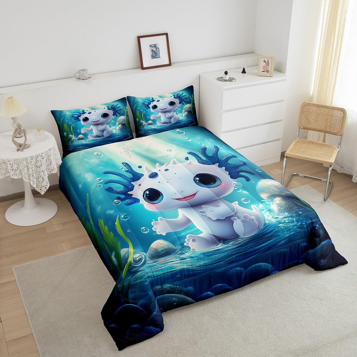 Feelyou Cute Axolotl Comforter Set Twin Size Kids Kawaii Ocean Sealife Bedding Set for Boys Teens Blue Cartoon Salamander Comforter Gift for Girls Women Duvet Set Sunshine Quilt Set