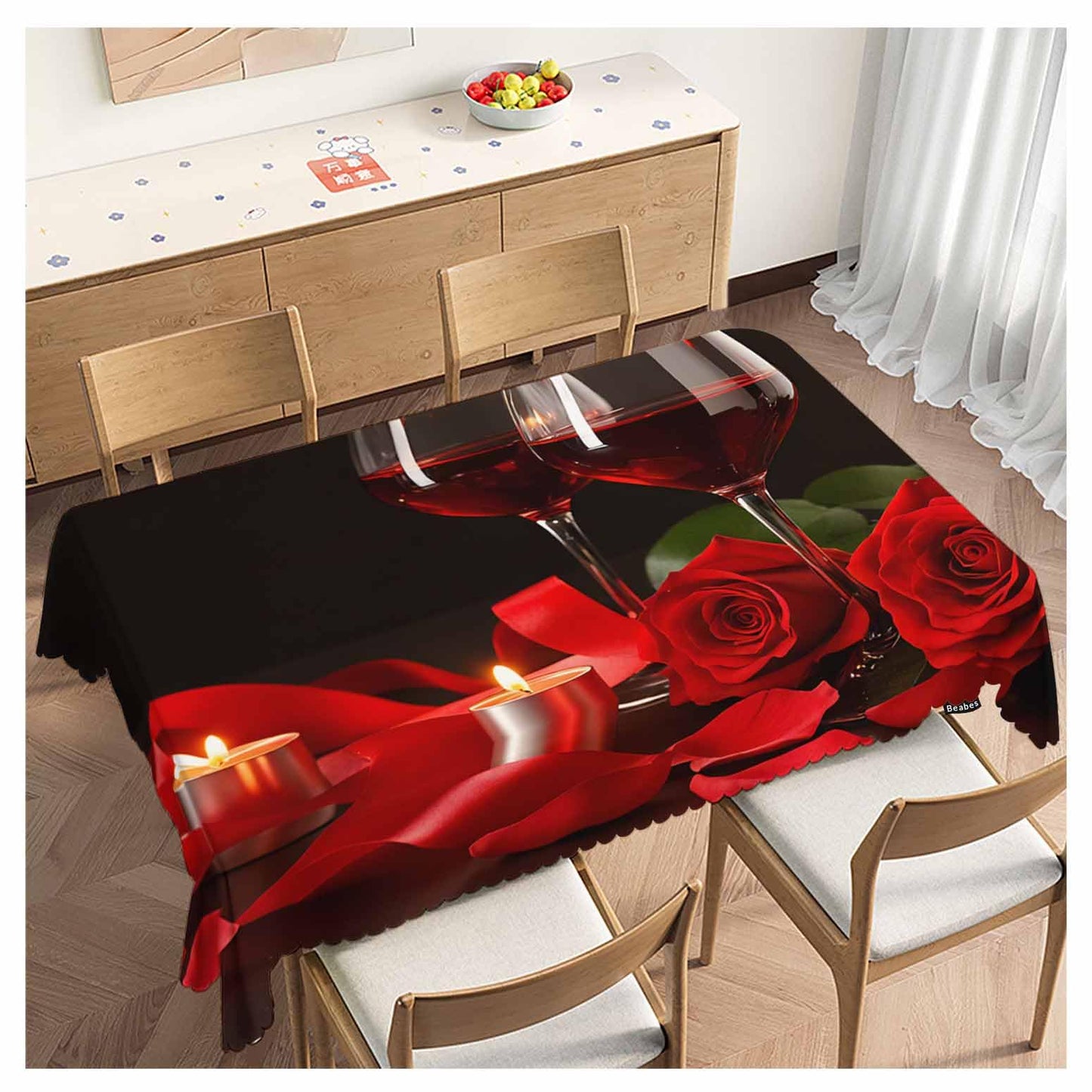 Beabes Wine Table Cloth Rectangle Table 52"X70", Romantic Red Wine Glasses Rose Wipeable Table Cover for Dinner Kitchen, Indoor Outdoor Tablecloth for Party Banquets Weddings