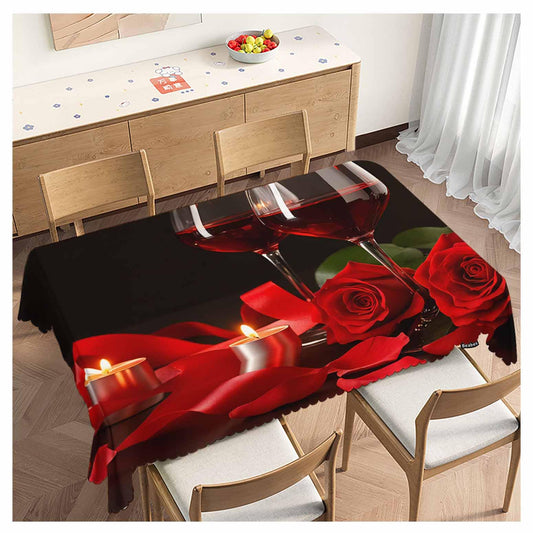 Beabes Wine Table Cloth Rectangle Table 52"X70", Romantic Red Wine Glasses Rose Wipeable Table Cover for Dinner Kitchen, Indoor Outdoor Tablecloth for Party Banquets Weddings