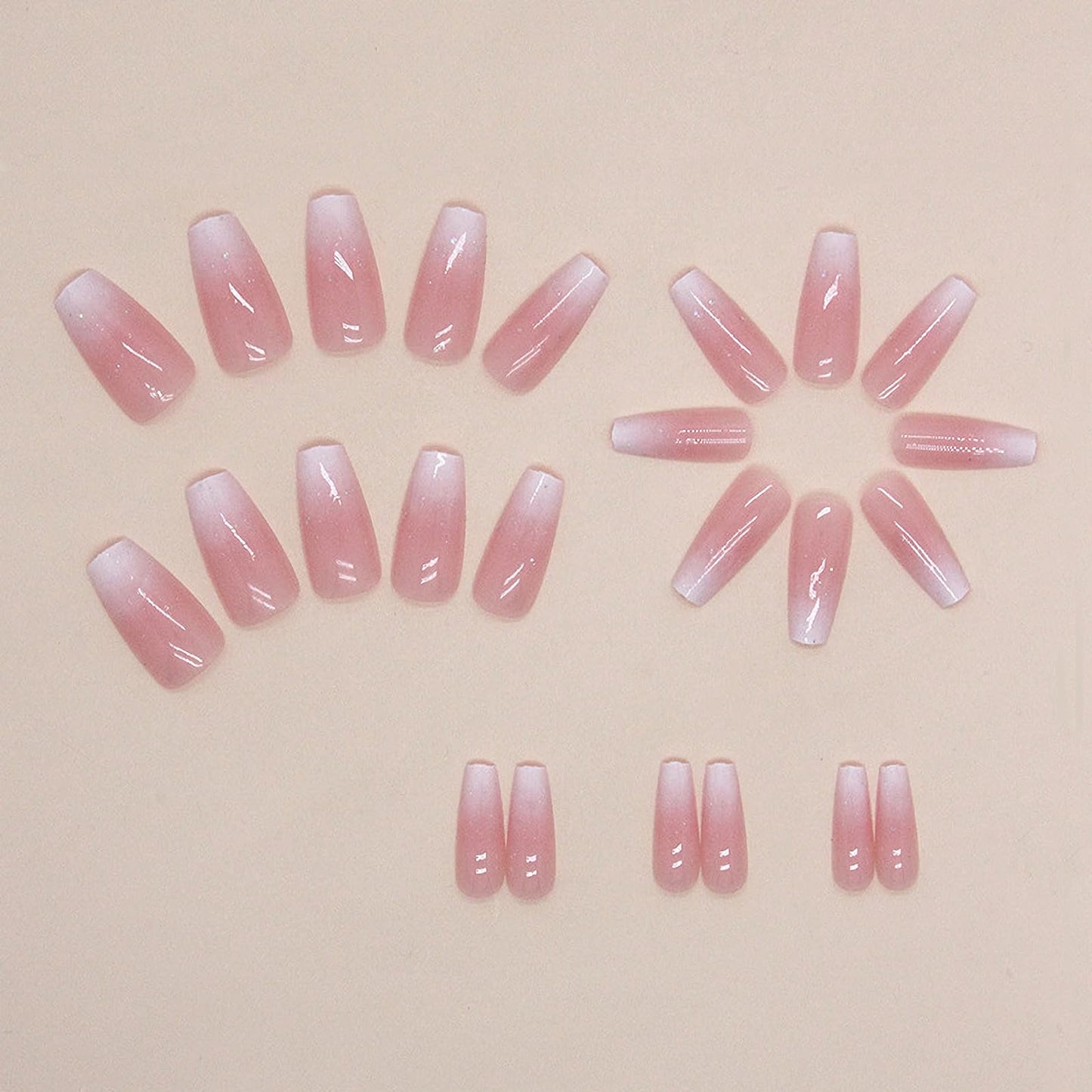 MISUD Press on Nails - Long Coffin Fake Nails with Pink White Ombre, Acrylic Bling Glitter Design 24 pcs