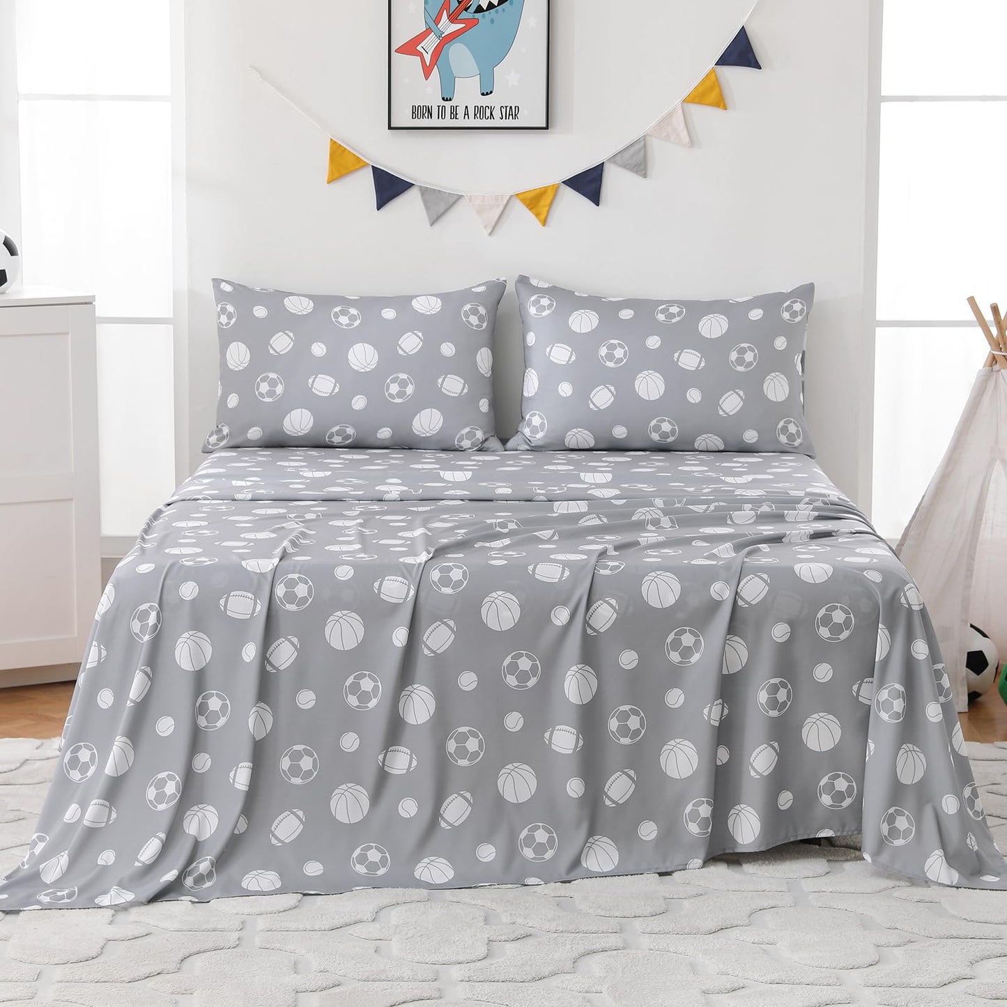 MICORAL Kids Twin Sheet Set Sports, 3 Pieces Sheets for Boys & Girls, Soft Printed Microfiber Bed Sheets, Deep Pocket Cozy Toddler Bedding Set, Sports