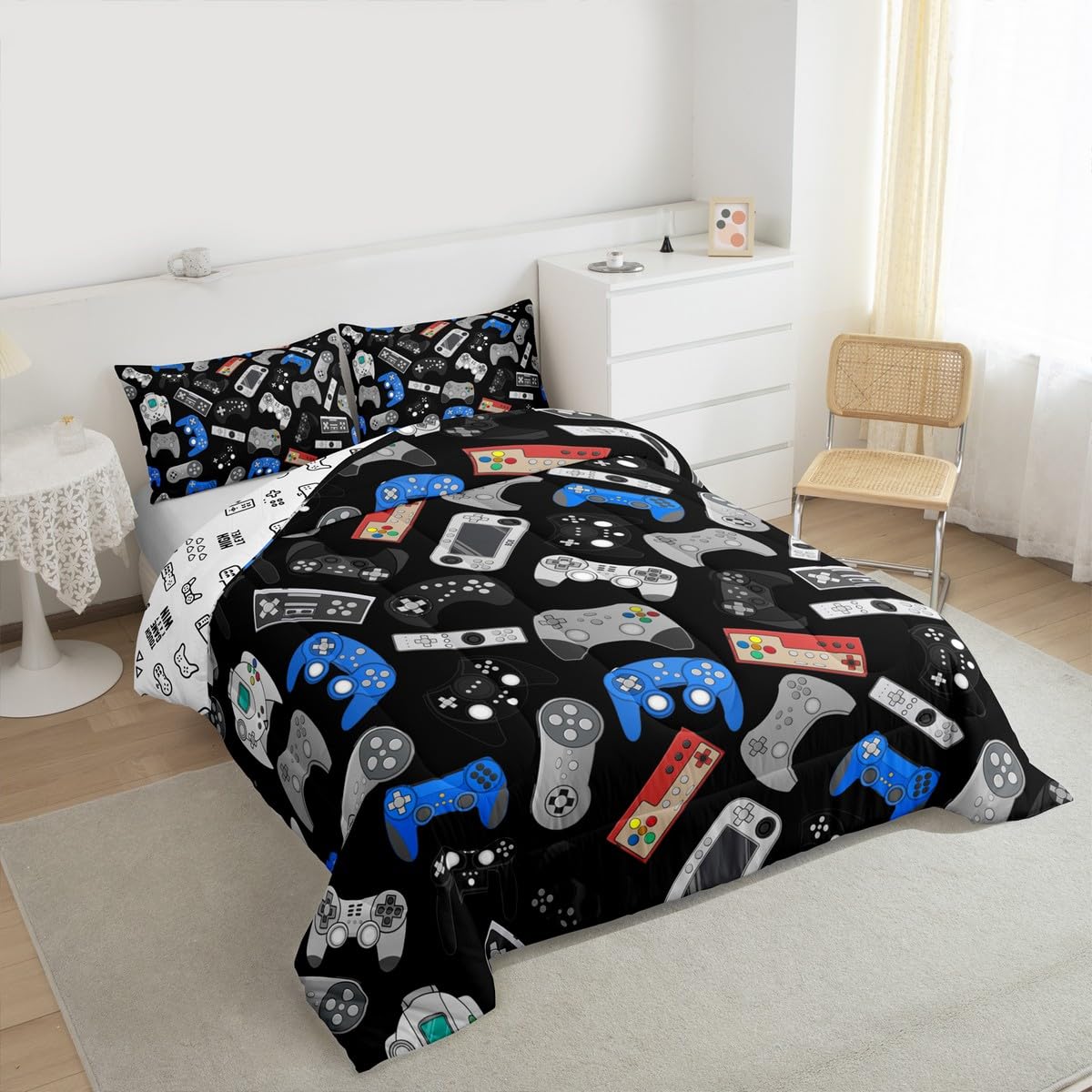 Erosebridal Teens Gamepad Bedding Set, Modern Gamer Down Comforter Full Size for Kids Boys Children Youth, Video Game Comforter Set Player Gaming Joystick Duvet Insert for Bedroom, Black Blue