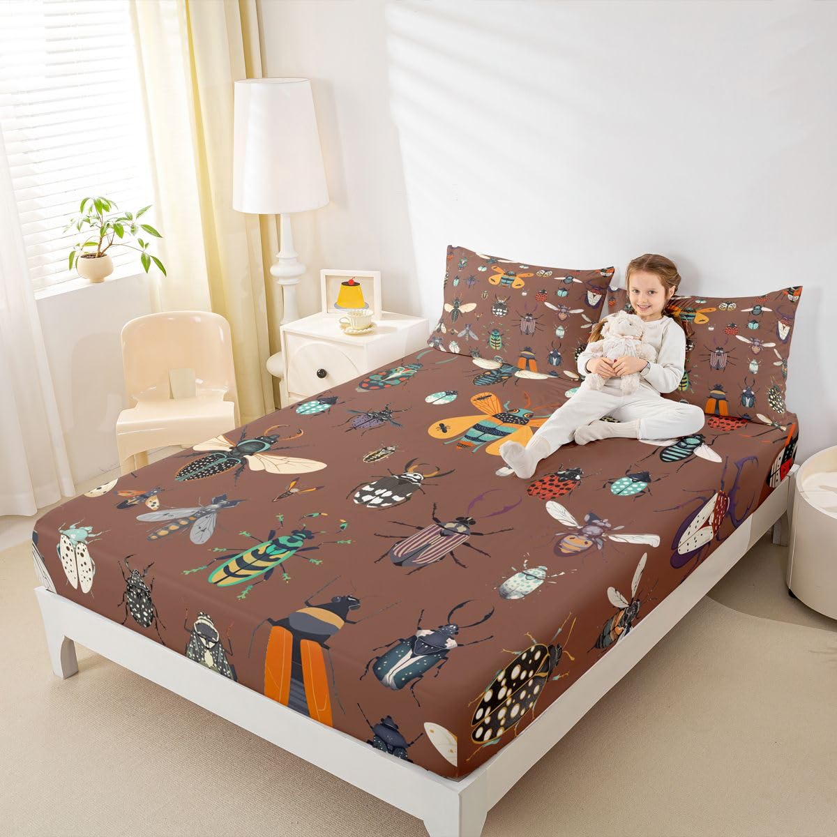 Castle Fairy Cartoon Beetles 3Pcs Bed Sheets Set Twin Size Nature Animals Coleoptera Bedding Sets for Kids Girls Boys Room Decor Country Rustic Style Soft(Fitted + Flat,1 Pillowcase) Dark Brown