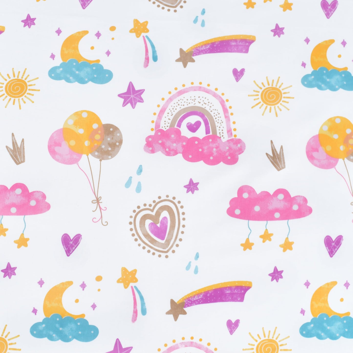 Scientific Sleep Pink Cloud Heart Rainbow Balloon Moon Star Cute Fun 100% Cotton Cozy Twin Bed Sheet Set, Flat Sheet & Fitted Sheet & Pillowcase Natural Bedding Set
