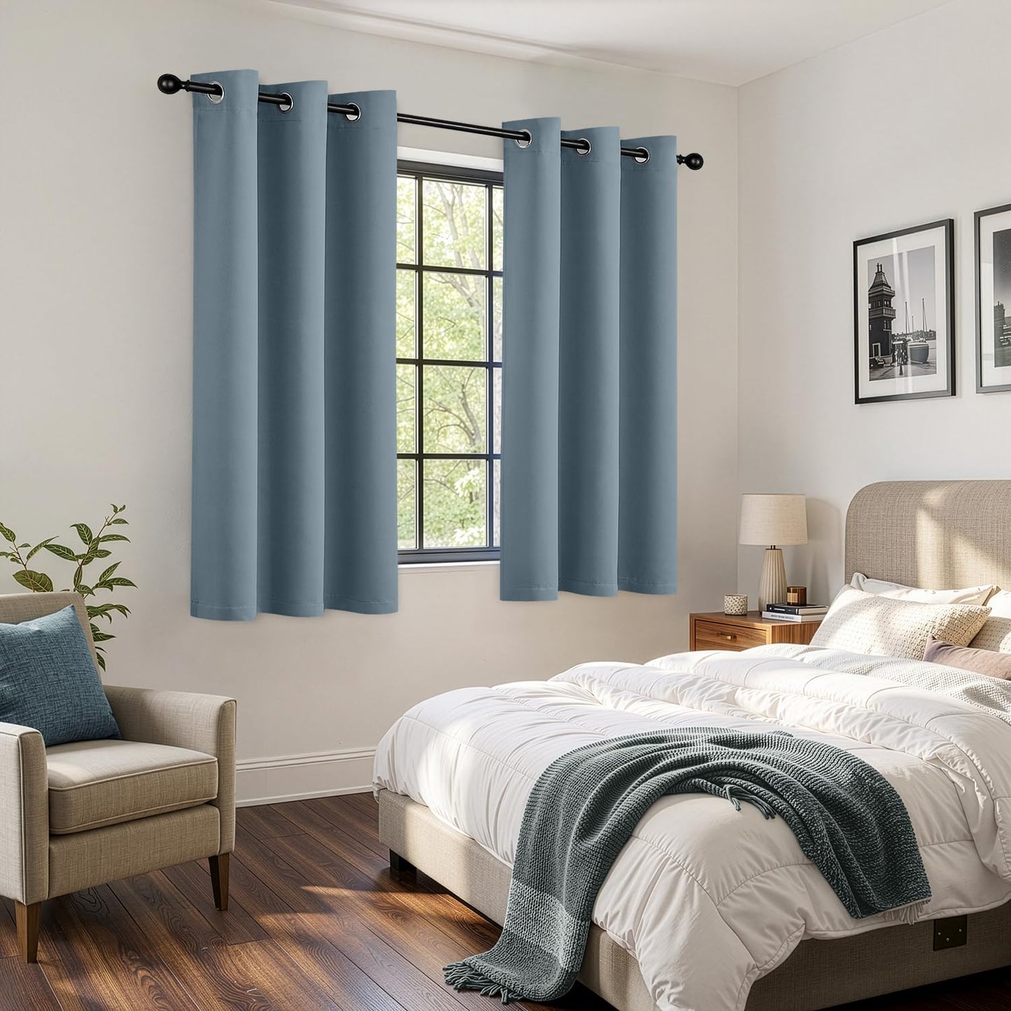 Woaboy Stone Blue Blackout Curtains for Bedroom Living Room 63 Inch Long 2 Panels, Solid Thermal Insulated Grommet Drapes, Room Darkening Sunlight Blocking Window Treatments, W40 x L63 Inch