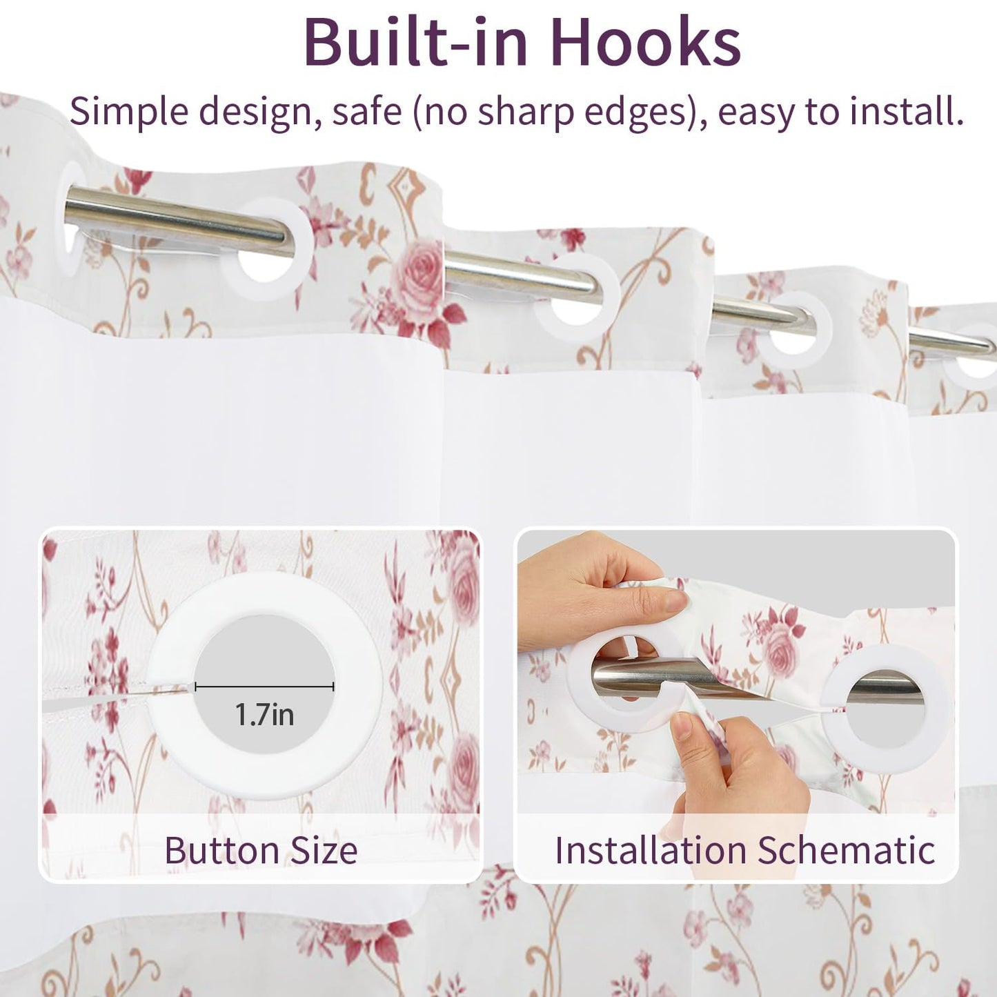 NAEMBCU Boho Floral No Hook Shower Curtain with Snap in Liner Set 71x74 in