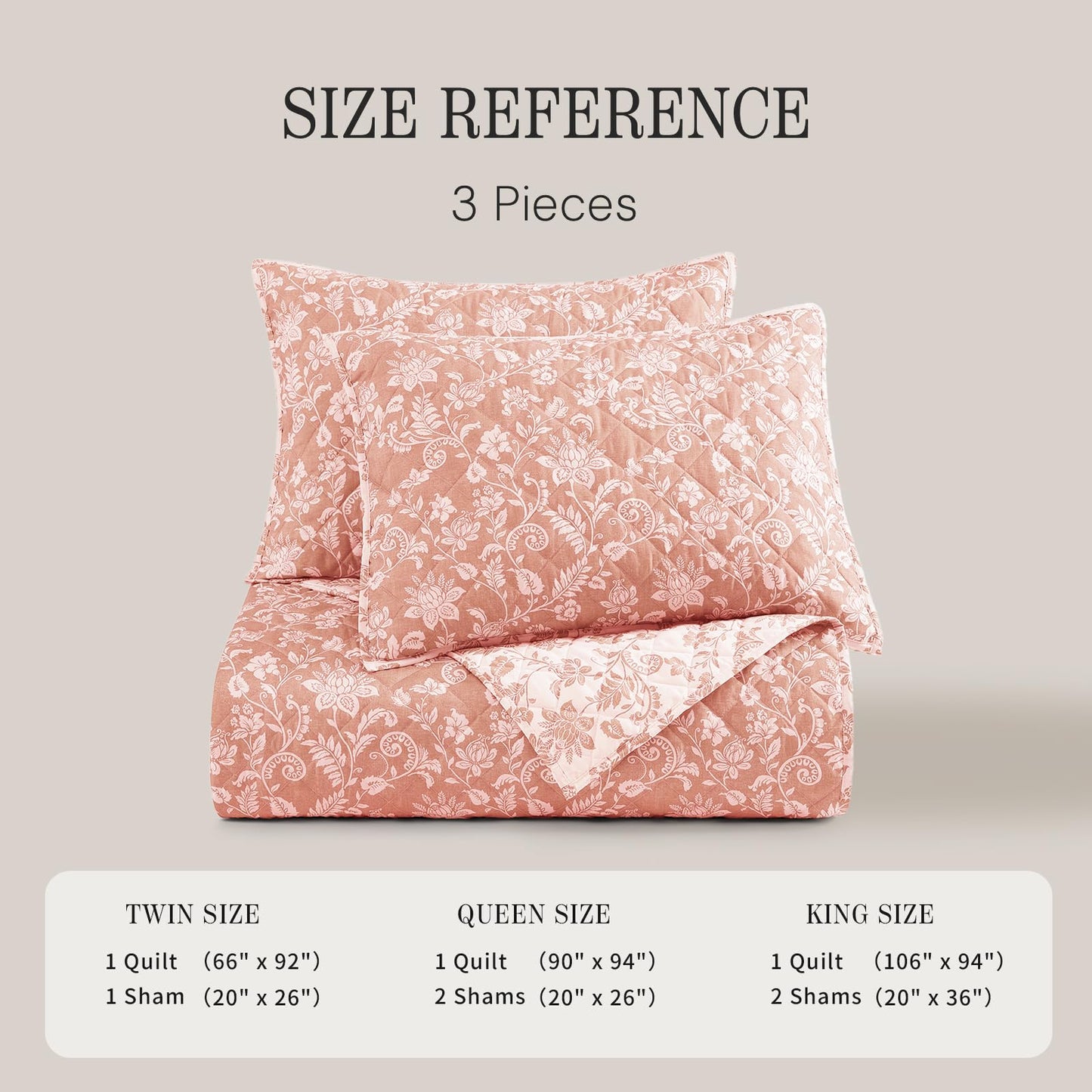 BLOOMHAVEN Quilt Set King Size, Clay Pink Floral Quilt Sets, Reversible Bedspread Lightweight and Breathable for All Seasons, Soft Quilted Bedspread with 2 Pillow Shams