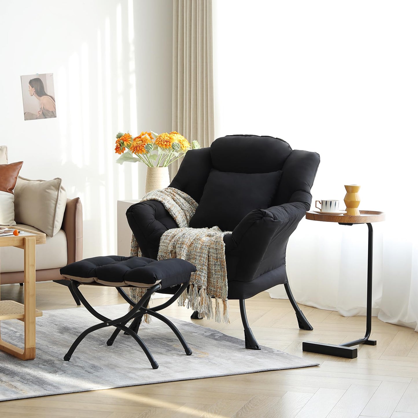 YOTATING Lazy Chair with Ottoman, Comfy Reading Chair with Footstool & Pillow Modern Lounge Chair with Armrests & Side Pocket for Living Room, Bedroom, Dorm Room，Black