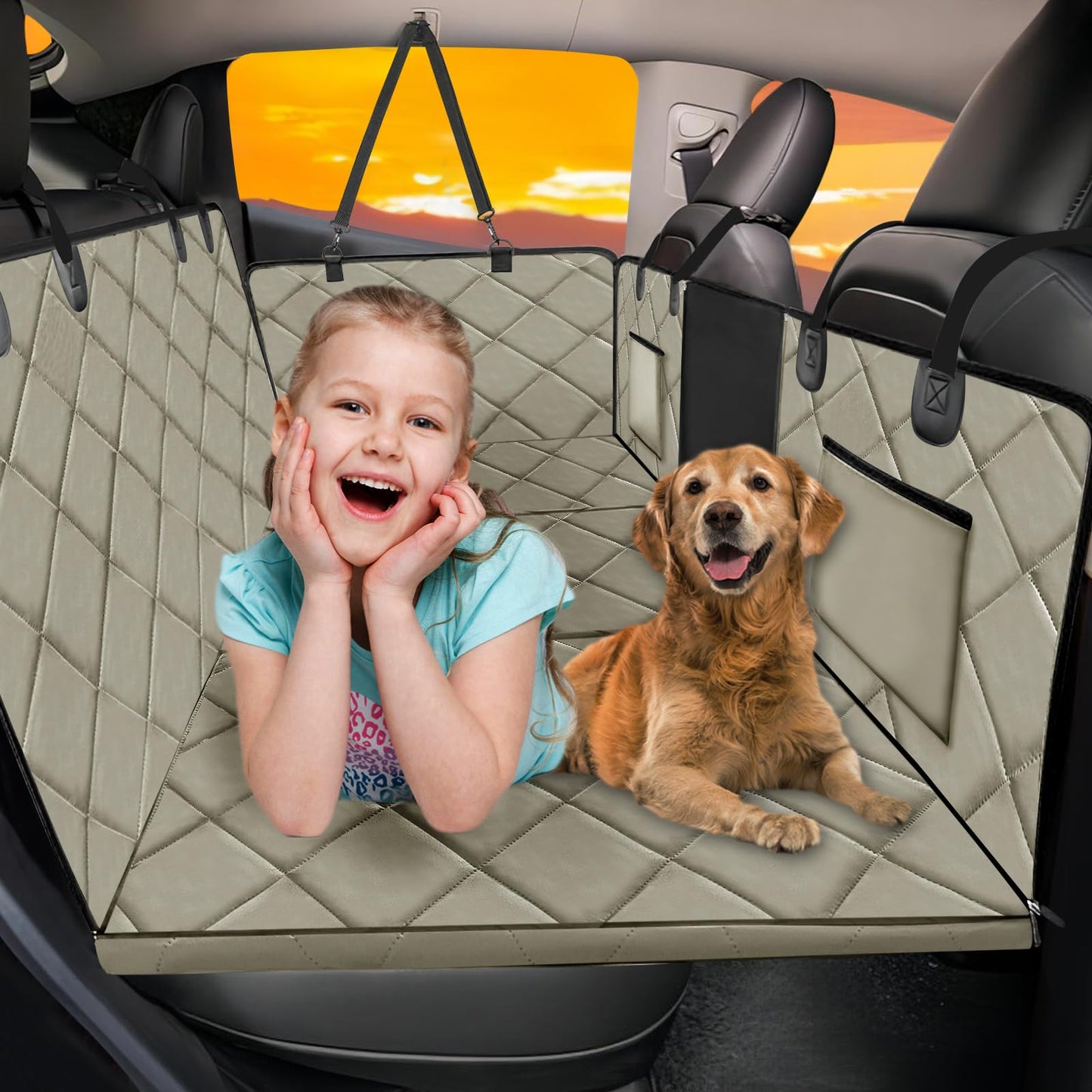 ROUWINNE Back Seat Extender for Dogs-Large Space, Dog Car Seat Cover Hard Bottom Holds 420lbs, Sturdy Backseat Extender for Dogs, Upgraded Waterproof Pet Car Bed Dog Hammock for Car SUV, Truck Khaki