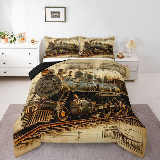 Erosebridal Vintage Steam Train Bedding Set Full Retro Train Comforter Set for Kids Boys Girls Transportation Vehicle Down Comforter Steampunk Industrial Aesthetic Quilt Duvet