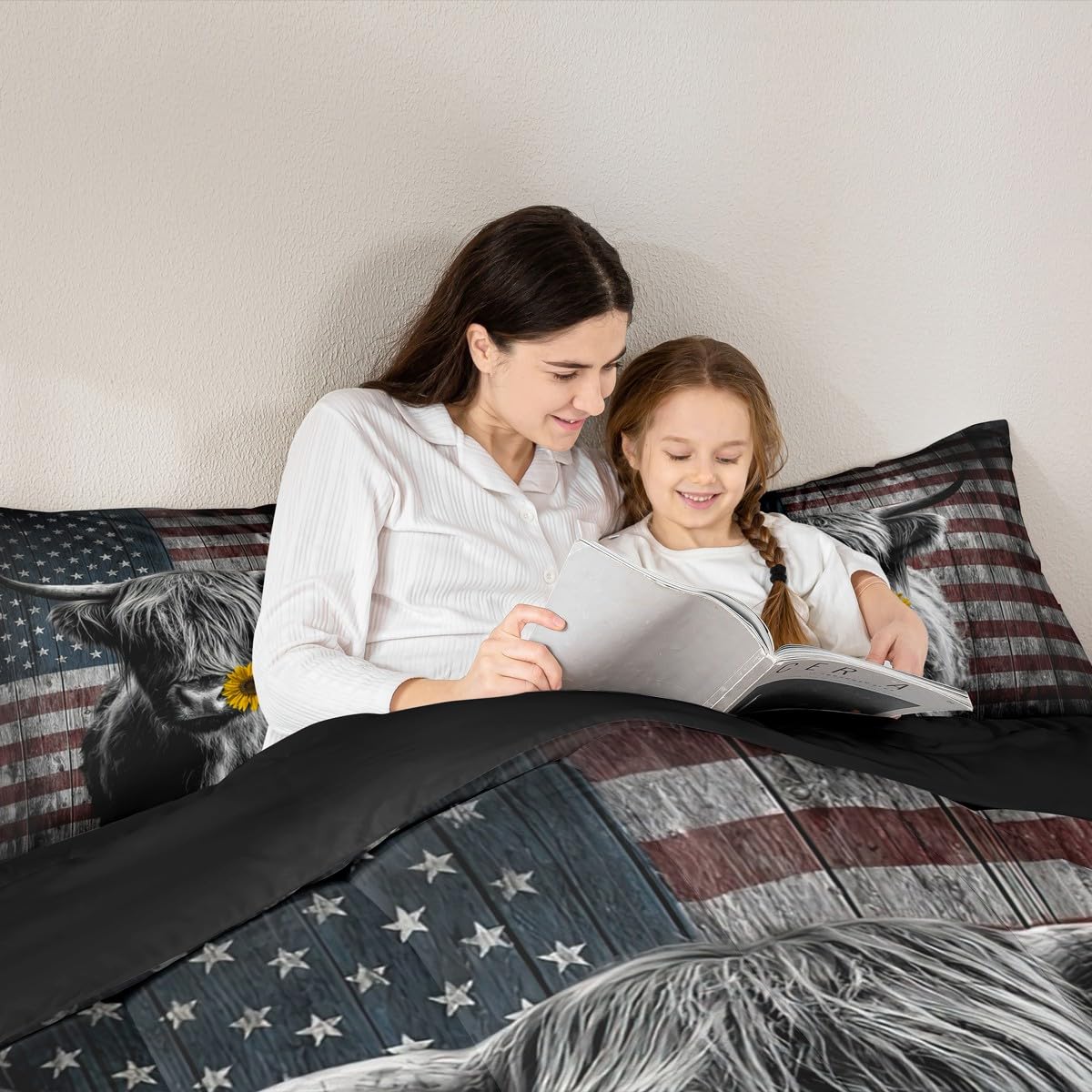 Feelyou Highland Cattle Bedding Set Sunflower Highland Cow Comforter Set for Kids Boys Girls America Flag Bull Comforter Animal Quilt Set 1 Comforter Set with 1 Pillowcase Twin Size