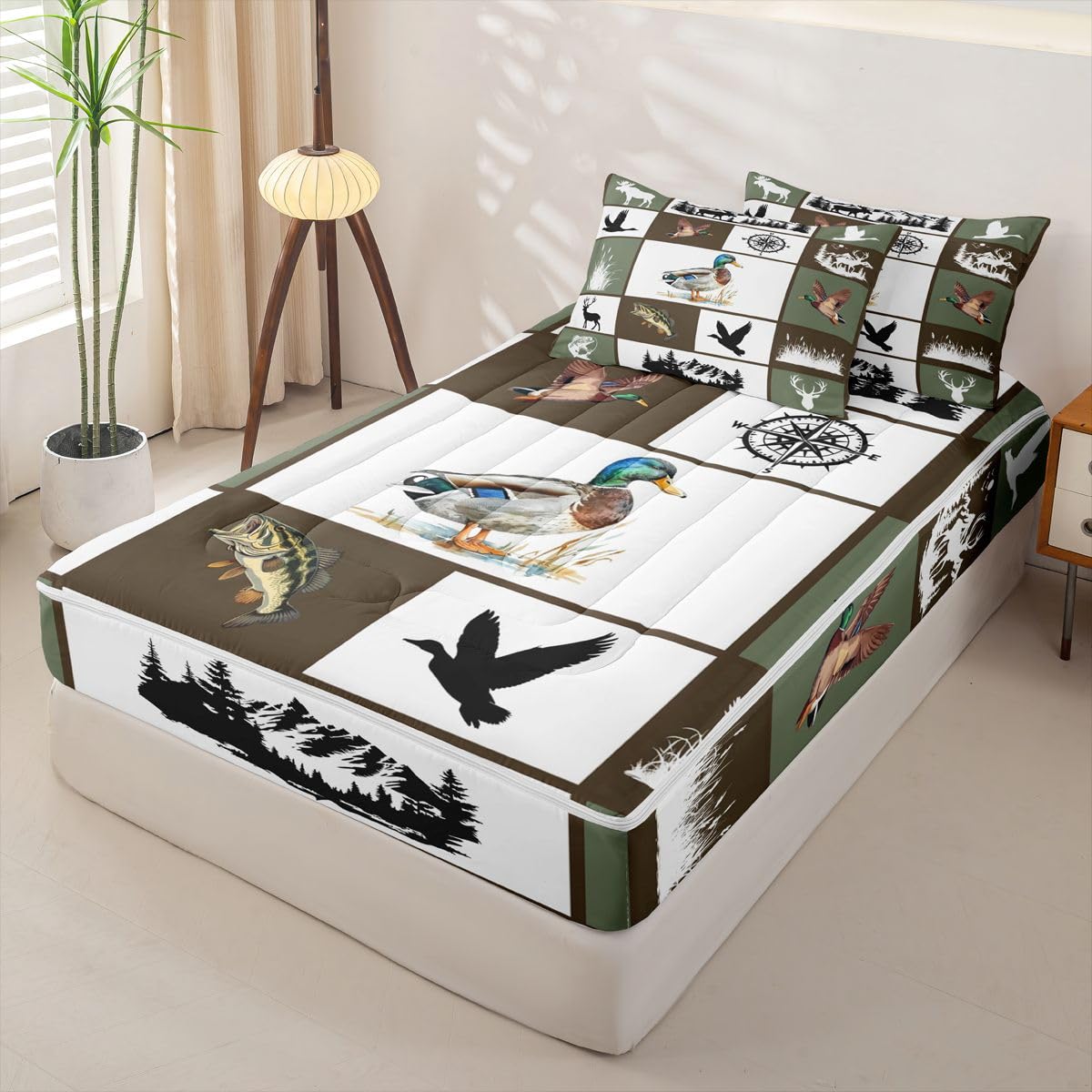 jejeloiu Deer Fish Duck Bear Comforter Set Twin Animal Hunting Zipper Bedding Set for Kids Boys Girls Wildlife Bed in a Bag Western Farmhouse Microfiber with 2 Pillow Cases