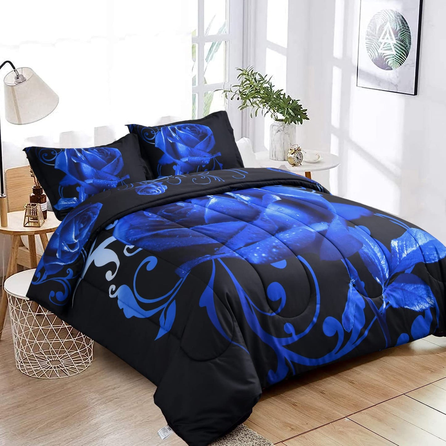 WONGS BEDDING Blue Comforter Set Queen, Reversible Blue Rose Pattern Printed Bedding Comforter Set with 2 Pillowcases for All Seasons, Soft Microfiber Filling Bedding Set 90"x90"