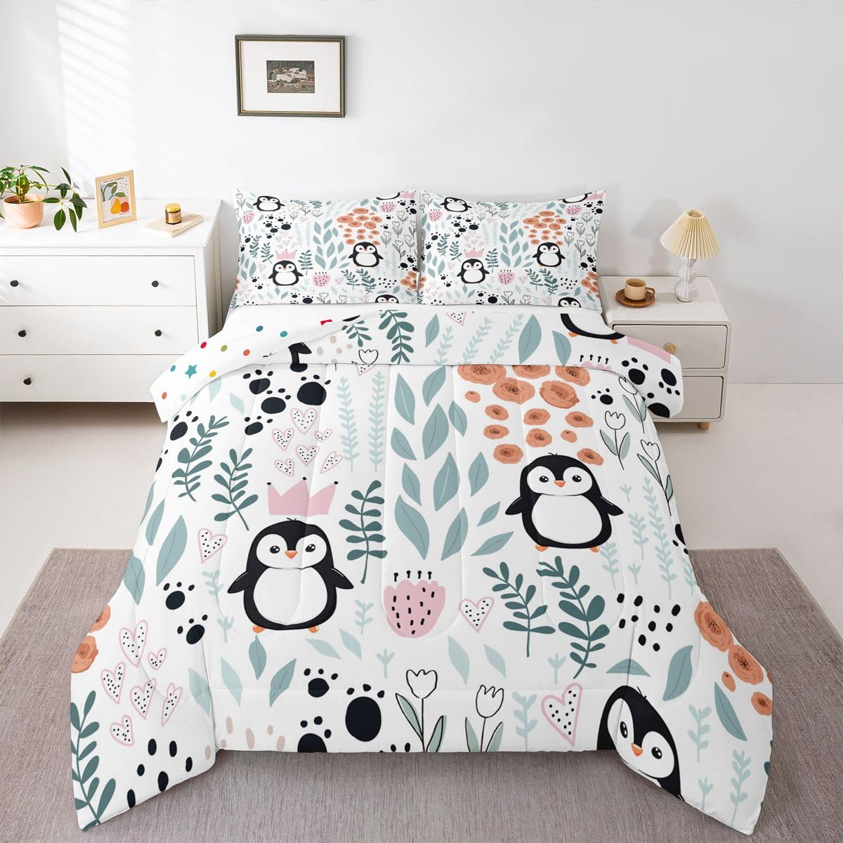 Erosebridal Kawaii Penguin Bedding Set Twin,Cartoon Penguin Comforter Set for Kids Girls Boys,Cute Love Heart Leaf Flower Comforter Set,Paw Print Wildlife Animals Quilt Bed Set with 1 Pillow Case