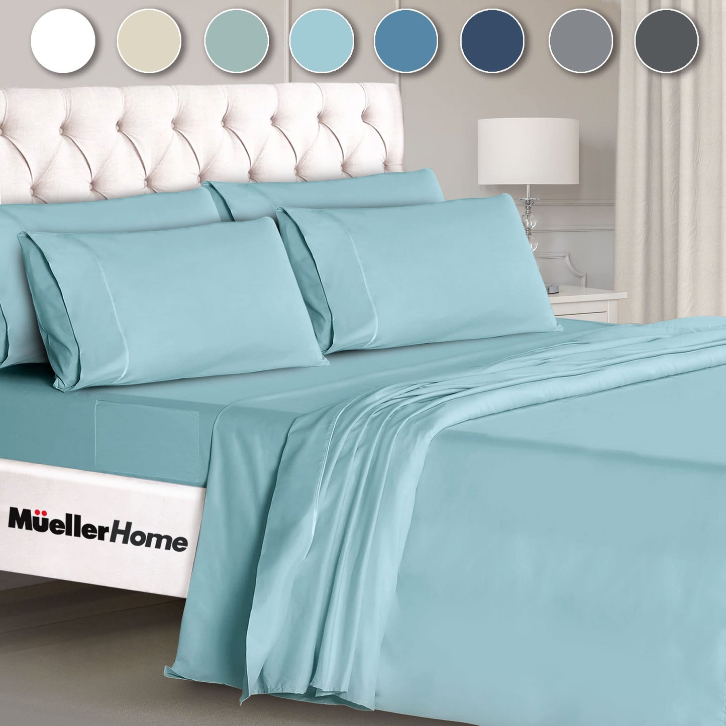 Mueller UltraTemp 6 PC Queen Sheet Set - Ultra-Soft Luxury Series, Cooling & Breathable Hotel Luxury Bed Sheets, Deep Pocket Wrinkle-Free Oeko-TEX, Aqua