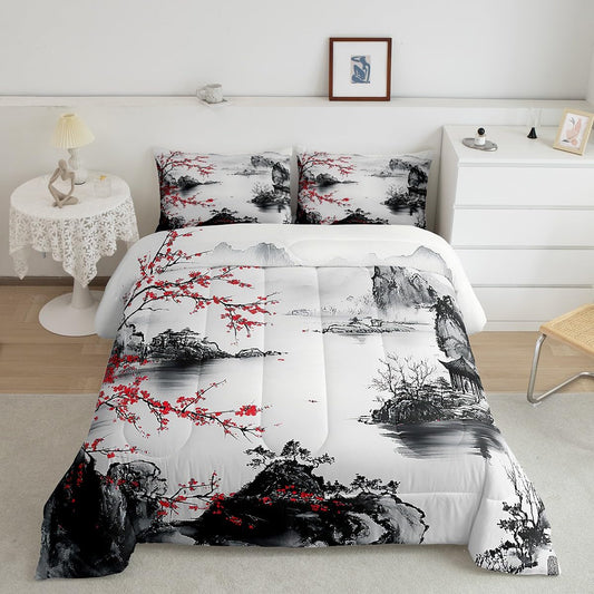 Feelyou Cherry Blossoms Bedding Set for Kids Boys Girls Queen Size Japanese Style Comforter Set Ultra Soft Mountain Comforter Stylish Simple Duvet Quilt Bedroom Decor Floral Quilt
