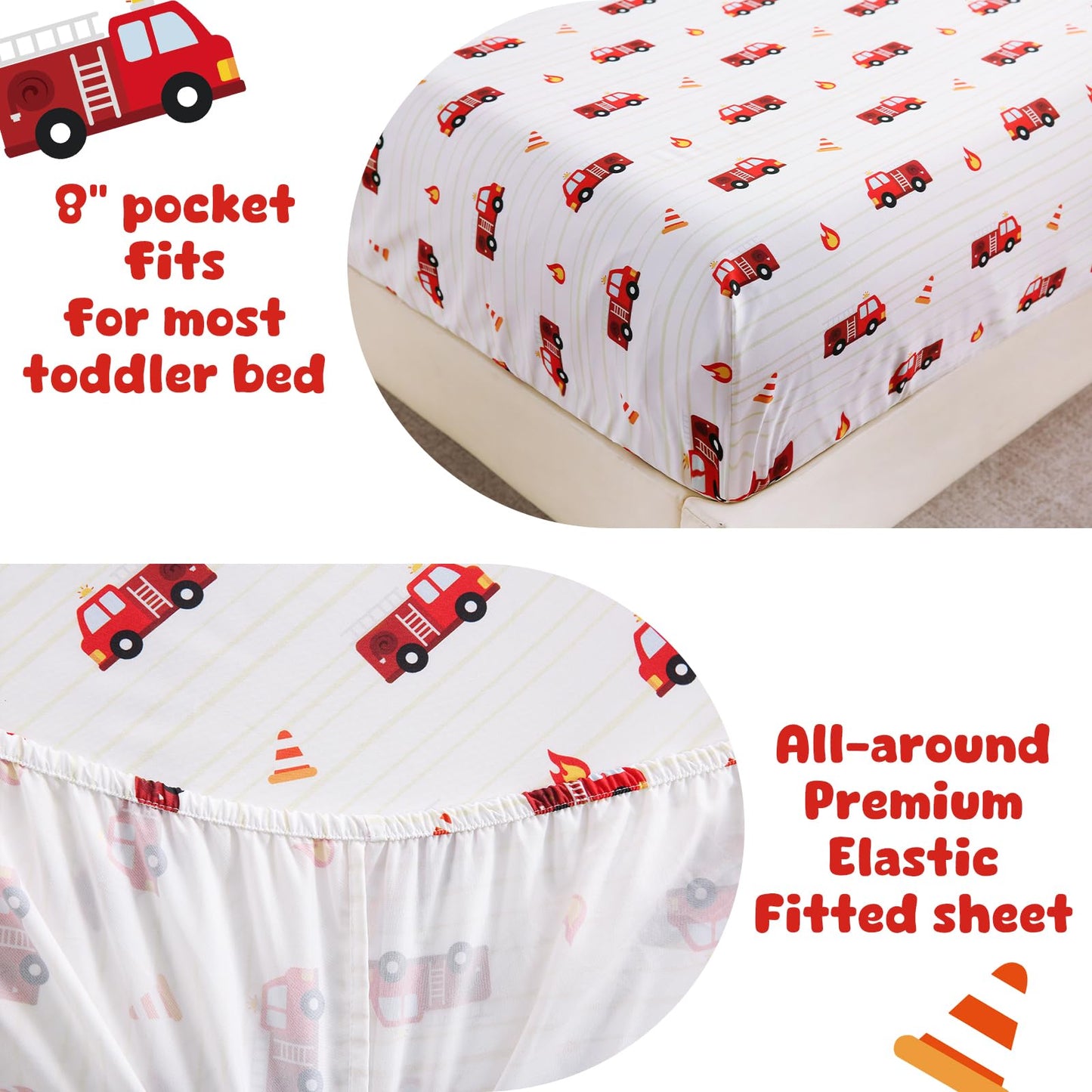 LONAVA Toddler Kids Comforter Set - 4 Pieces Toddler Bedding Sets for Boys Girls Children, Ultra Soft Microfiber Bed in A Bag with Flat Fitted Sheets, Fire Truck