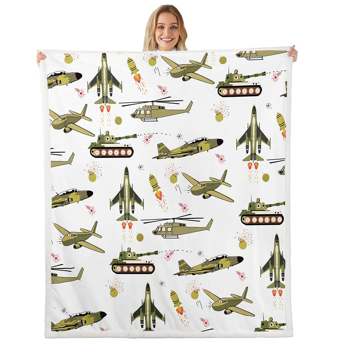 Feelyou Kids Blanket Cartoon Aircraft Print Fleece Blankets Boys Teens Military Airplane Pattern Fighter Tank Sherpa Throw Blanket for Couch Bed Sofa 50" x 60"