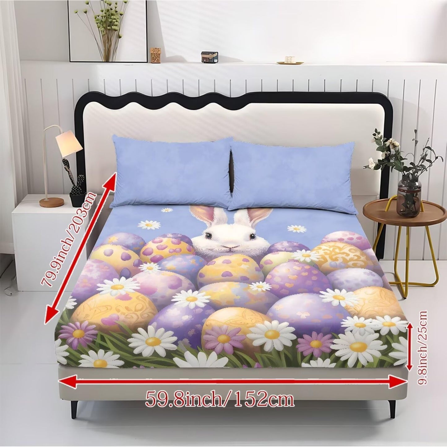 ZDCUSTOM Easter Bedding Set Twin XL Size Eggs Bunny Fitted Sheet with 2 Pillowcases,3 Pieces Fresh Cute Printed Soft Sheet Set Easy Care & Non-Slip Home Decor, 39" x 79"