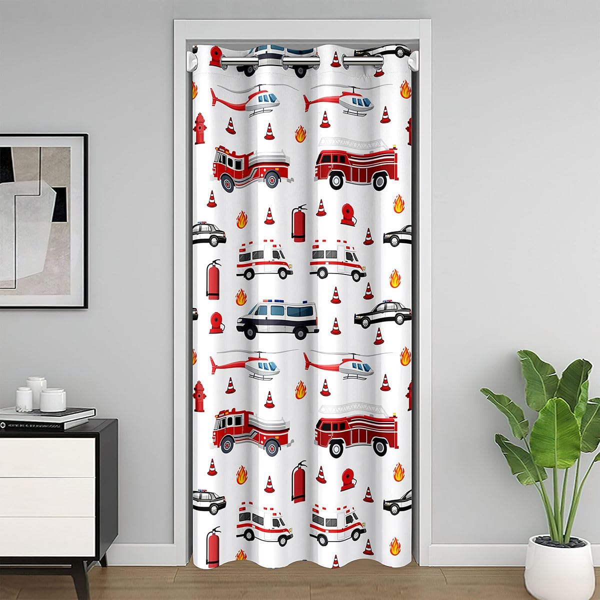 Feelyou Truck Door Curtain for Doorway Privacy Fire Truck Closet Cover for Bedroom Living Room Car Room Divider Curtain 34" x 80" Firefighter Darkening Blackout Firemen Car Vehicle Home Decor