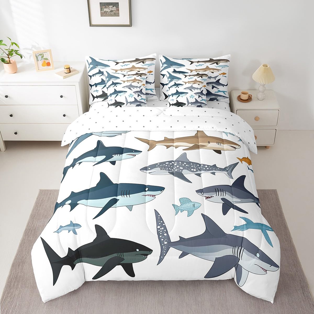 jejeloiu Cute Shark Comforter Set 7 Pieces Full Size Kids Ocean Sea Animal Bed in a Bag for Boys Girls Sea Underwater World Bedding Set Summer,Comforter + Sheets + Pillowcases + Cushion Covers