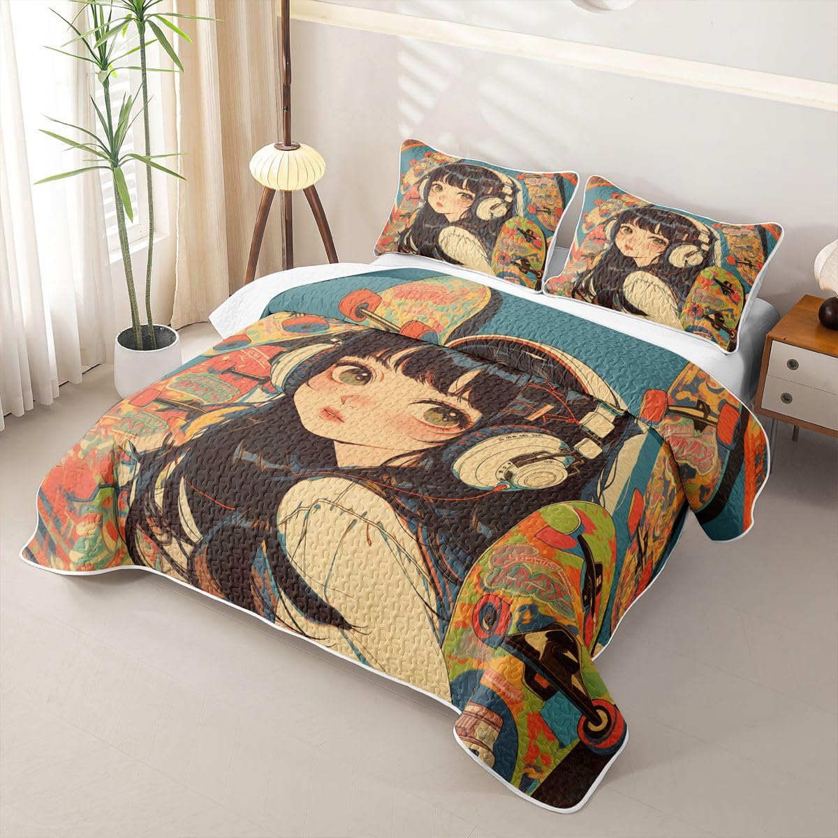 Erosebridal Fashion Music Girl Quilts Twin Size - Japanese Girl Bedspread Coverlet Set, Anime Gifts Quilt Coverlets 2Pcs (Only 1 Pillowcase)