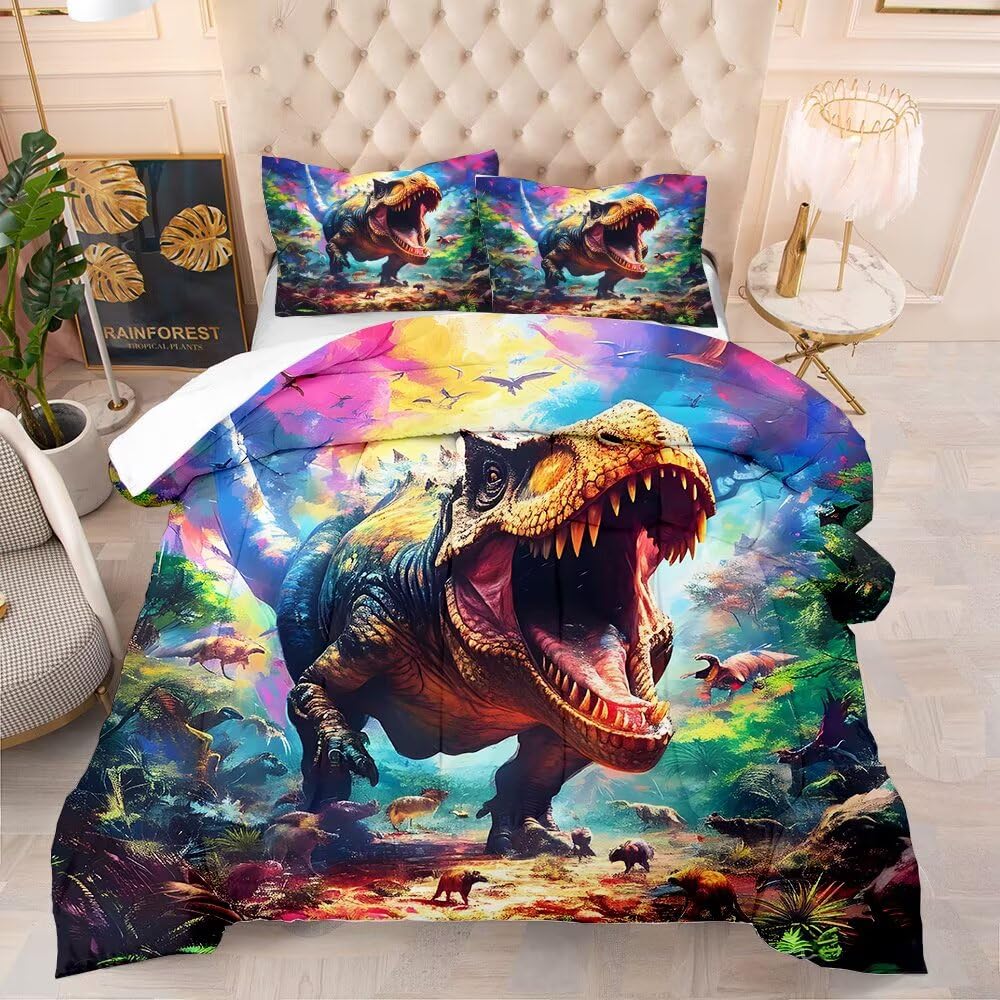 VTKON Kids Dinosaur Comforter Set Full Size for Boys Tie Dye Dino Quilt Set Soft Microfiber Dino Bed Set for All Season Use Dinosaur Bedding Set with 1 Comforter + 2 Pillowcases