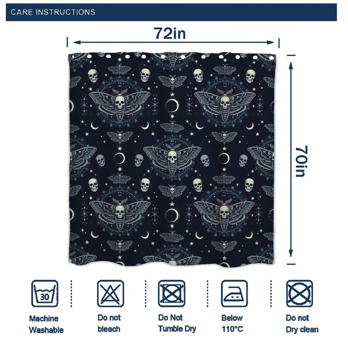 Meaudiwes Fashion Lightweight Shower Curtain Washable Shower Curtain with 12 Hooks Goth Moth Dead Skull Moon, 72"x 70"