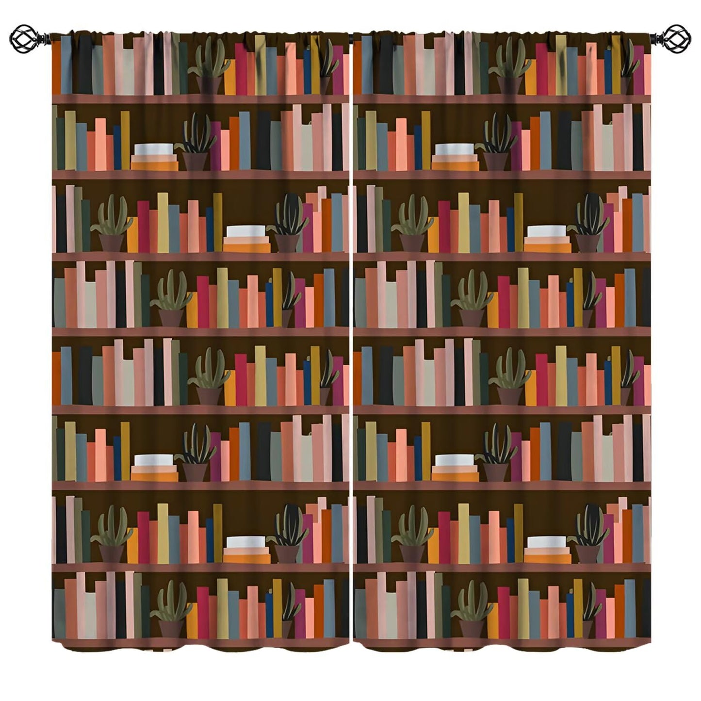 Nsbul Retro Bookshelf Curtains, Bohemian Bookcase Books Succulents Print Window Treatment for Bedroom Living Room Library Home Decor, 42" W X 45" L(No Blackout)