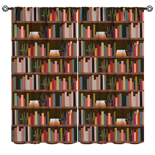 Nsbul Retro Bookshelf Curtains, Bohemian Bookcase Books Succulents Print Window Treatment for Bedroom Living Room Library Home Decor, 42" W X 45" L(No Blackout)