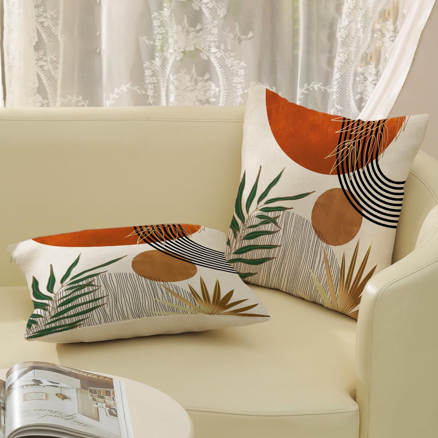 Boho Pillow Covers 18x18 Set of 2 Green Gold Orange Throw Pillows Tropical Leaves Sunset Decor Modern Mid Century Pillowcase Outdoor Decorations Bohemian Linen Cushion Case for Couch Sofa Bed